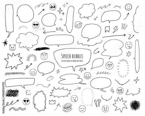 手書き風の吹き出しと絵文字・矢印などの落書き装飾セット　モノクロ線画