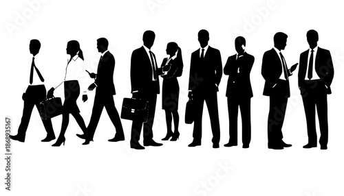 Business men and women, group of people at work. Isolated vector silhouettes
