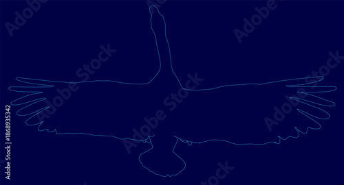 A white goose flies with wings spread wide against a deep blue sky, its elegant contour clearly defined.