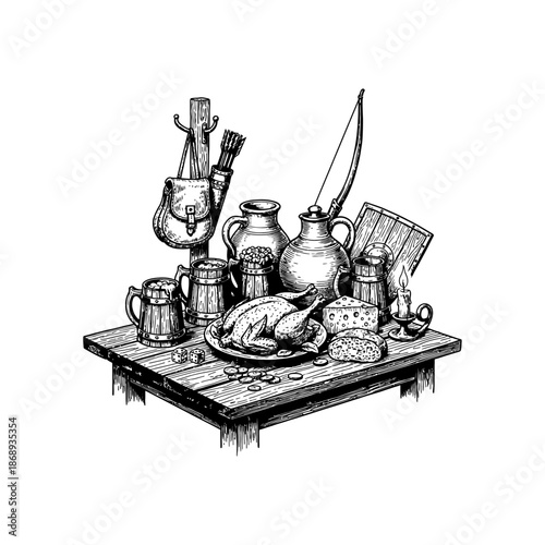 Medieval tavern scene engraving.