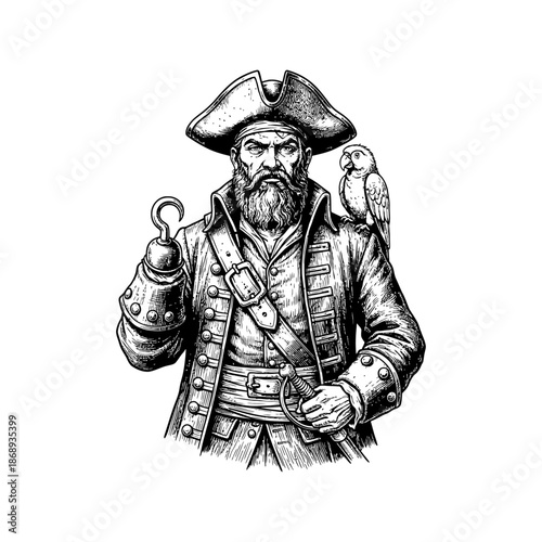 Pirate captain with parrot engraving.