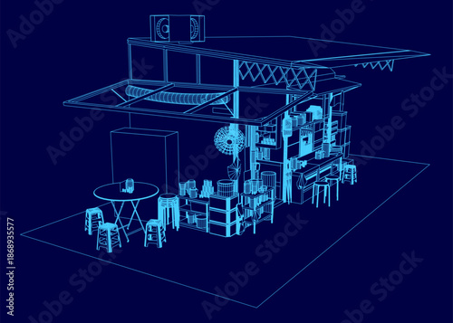 Blueprint illustration of a food stall or bar interior with table and chairs. Various objects are arranged on the table against a deep blue background, creating a clean contour drawing for design.