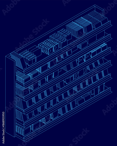 A 3D architectural blueprint of a modern library, featuring detailed shelf contours and a clean blue background. The design suggests a space for quiet study and community gathering. Isometric view