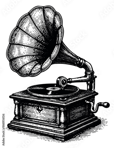 Hand drawn line art illustration of a gramophone depicting classic sound reproduction for vintage entertainment