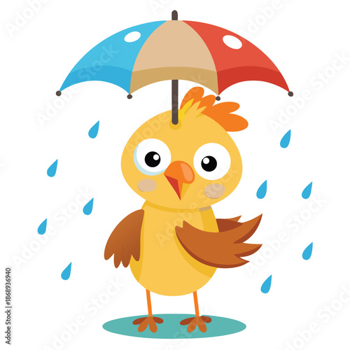 A Sunny Day For a Little Chicken: This cheerful chick shelters under a vibrant umbrella during a playful rain shower. Evokes pure innocence and wonder. 