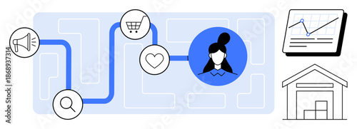 Customer profile with path links search, megaphone, shopping cart, and heart icons to goals. Includes warehouse and analytics graph. Ideal for marketing, e-commerce, analytics, strategy customer
