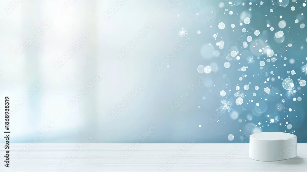 custom made wallpaper toronto digitalWhite pedestal on a light wood table, wintery bokeh background