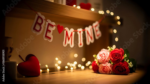 Romantic be Mine Banner with Roses and Warm String Lights on a Wooden Shelf