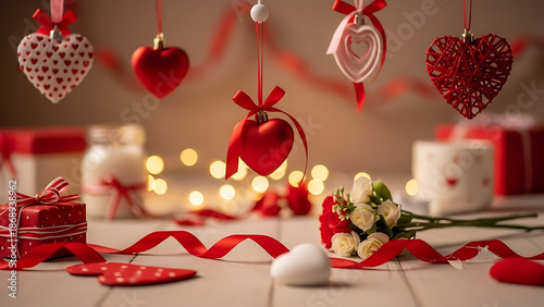 Romantic Valentines Day Display Featuring Decorative Hearts and Gift Box