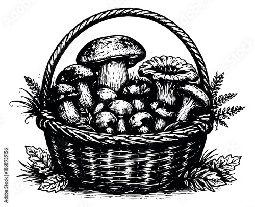 Hand drawn mushroom set featuring various fungi in a wicker basket for autumn harvest themes