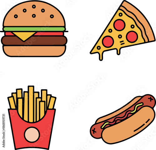 A colorful illustration of a hamburger, pizza slice, french fries, and hot dog on a white background.
