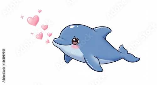 白い背景に浮かぶ手描き風の青い可愛いイルカがキラキラ輝く目で愛情や喜びを込めてピンクのハートを飛ばす見る人を笑顔にするような幸せな雰囲気の漫画風イラスト. AI Generated