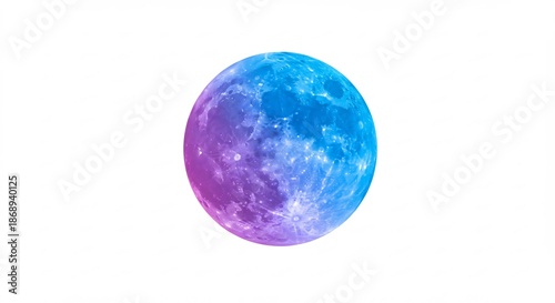 鮮やかに輝く青紫グラデーションの月が白い背景に神秘的に浮かび上がる宇宙のビジョン. AI Generated