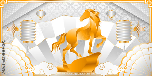 Elegant Chinese New Year  design in white and gold featuring zodiac horses, lanterns, clouds, and traditional patterns symbolizing luck