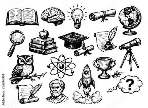 Hand drawn line art education and science set featuring symbols of knowledge and discovery for academic learning and scientific exploration