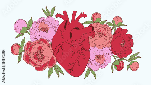 Stylized human anatomical heart surrounded by blooming pink peonies and green leaves on a light blue background.
