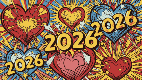 Vibrant 2026 New Year celebration with pop art hearts and comic burst background, energetic mood.