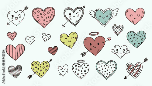 Collection of cute hand-drawn doodle hearts with faces, wings, and arrows on a light blue background.