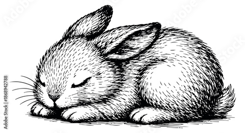 Hand drawn line art illustration of a baby rabbit depicting sleeping soundly for animal-themed designs