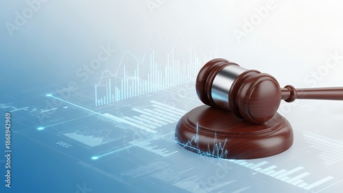 Judge's gavel on a digital background with abstract legal data, symbolizing justice, law, judgment, and digital legal processes or online jurisprudence.
