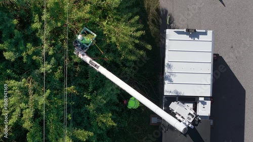Technician worker cutting tree branches from the electrical power cable area to reduce power outages.