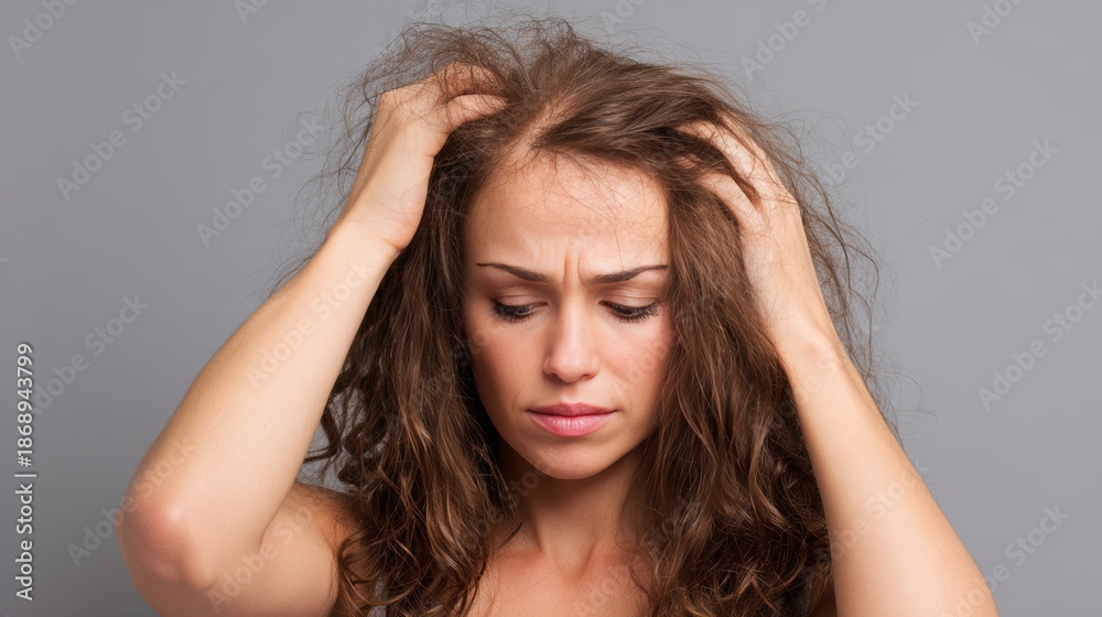 Fototapeta premium woman very sad and upset looking at damaged hair, hair loss, hair thinning problem, vitamin deficiency, baldness, postpartum, biotin, zinc, menstrual or endocrine disorders, hormonal imbalance