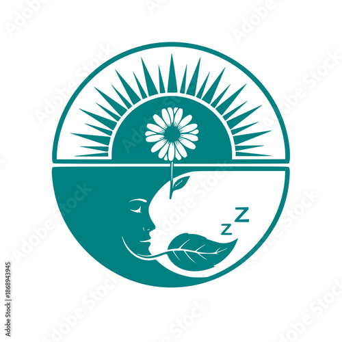 Circadian Rhythm and Sleep Health 2026 Icon. Split Sun and Moon Design with Botanical Elements. Biohacking and Wellness Vector Illustration.