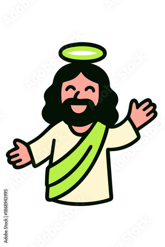 Smiling character representing a holy person with a halo over head