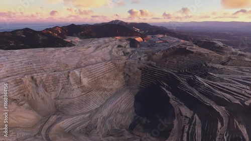 Sunset aerial drone shot of Bingham Canyon Mine. Copper Mine. Herriman. Utah. United States