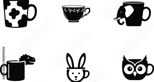 Black and white animal designs on coffee cups are shown in a variety of styles and species  six mugs