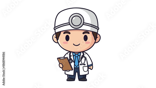 Cartoon Doctor Wearing Lab Coat and Headlamp.