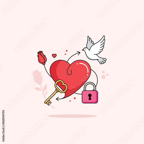 Love Heart Key Lock Dove Rose Romance Symbol