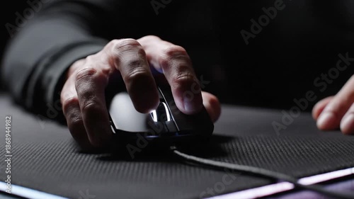Close-up of a hand hovering over a gaming mouse, illuminated against a dark background