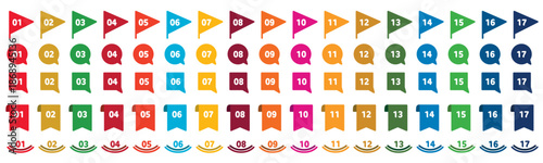 SDGsカラーのナンバーアイコンセット。フラッグ、吹き出しなど。白背景にベクターイラスト。