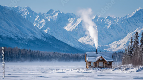 Alaska USA frozen lake cabin, chimney smoke rising above ice field, peaceful winter escape