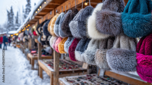 Alaska USA local market winter scene, handmade crafts and fur hats, cozy outdoor stalls
