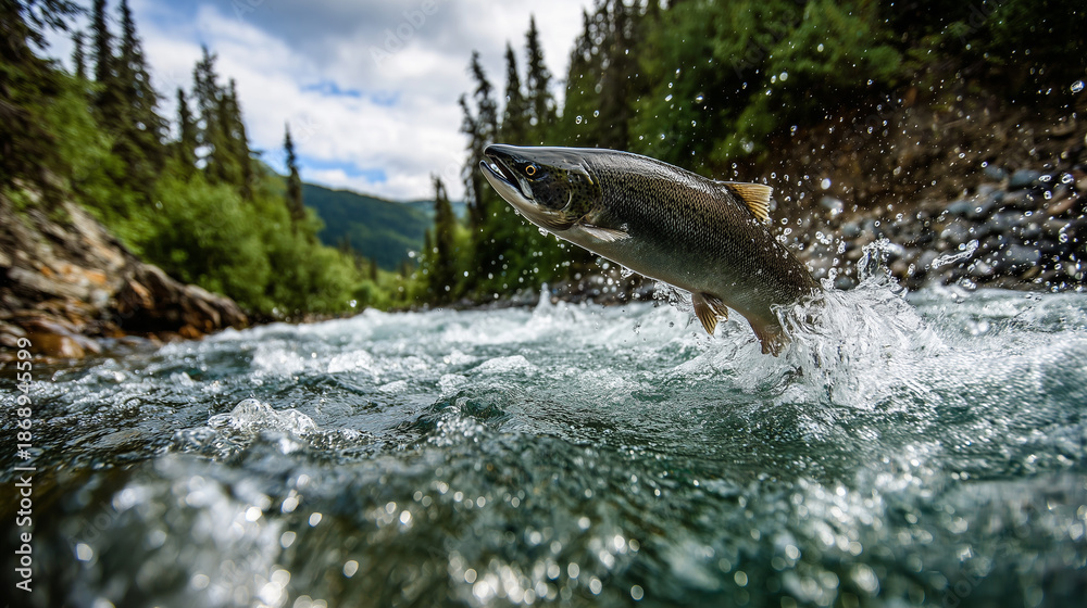 Fototapeta premium Alaska USA salmon run river, powerful fish leaping upstream, natural cycle concept