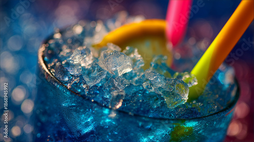 Blue lagoon cocktail close-up with crushed ice crystals and neon straw glowing under colorful lights Drinking Straw Day