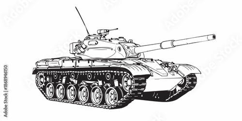 Detailed military tank line art illustration, modern armored battle tank outline, black and white vector drawing, side perspective