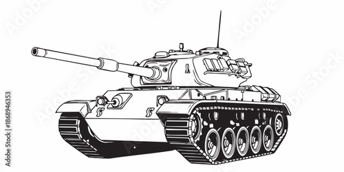 Detailed military tank line art illustration, modern armored battle tank outline, black and white vector drawing, side perspective