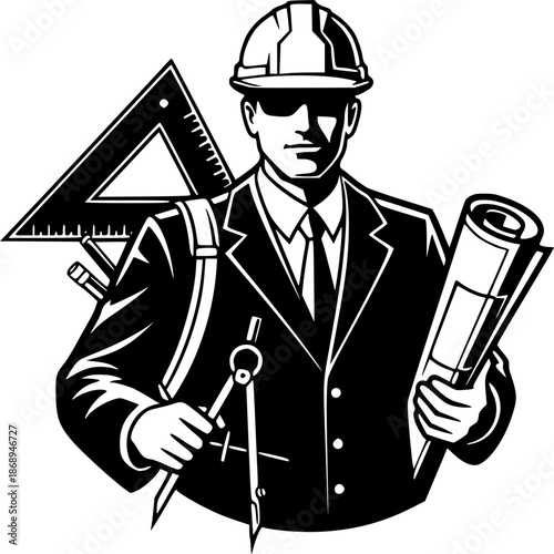 Iconic depiction showcasing architect with tools in stark black
