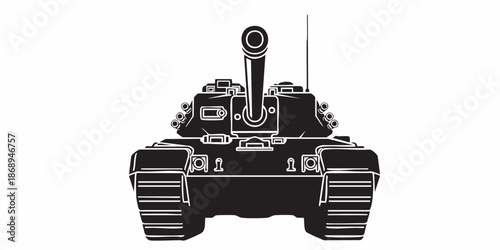 Detailed military tank line art illustration, modern armored battle tank outline, black and white vector drawing, side perspective