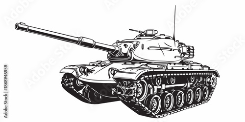 Detailed military tank line art illustration, modern armored battle tank outline, black and white vector drawing, side perspective