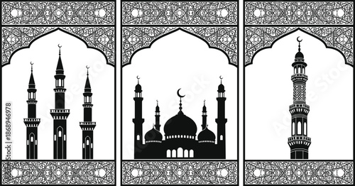 Islamic architecture silhouettes with ornate borders, mosque and minarets in vertical panels, traditional religious design elements, cultural art, flat vector