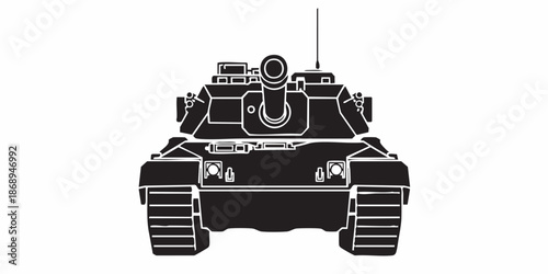 Detailed military tank line art illustration, modern armored battle tank outline, black and white vector drawing, side perspective