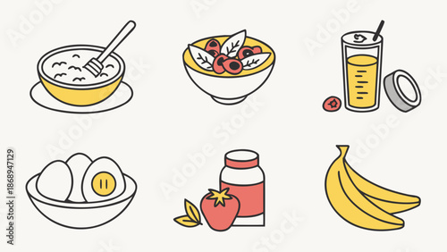 Healthy Breakfast Flat Icon Set. Clean UX-style flat vector icon set of 6 healthy breakfast foods and drinks including oatmeal, juice, eggs, tea, yogurt, and banana.