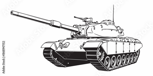 Detailed military tank line art illustration, modern armored battle tank outline, black and white vector drawing, side perspective