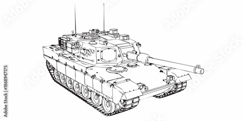 Detailed military tank line art illustration, modern armored battle tank outline, black and white vector drawing, side perspective