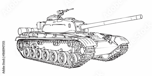 Detailed military tank line art illustration, modern armored battle tank outline, black and white vector drawing, side perspective