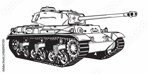 Detailed military tank line art illustration, modern armored battle tank outline, black and white vector drawing, side perspective